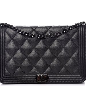 CHANELCaviar Quilted Boy Wallet On Chain WOC So Black 💯Authentic